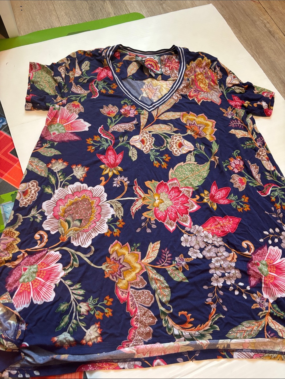 Johnny Was Navy Floral V-Neck Short Sleeve Top with Pink & Green Blooms